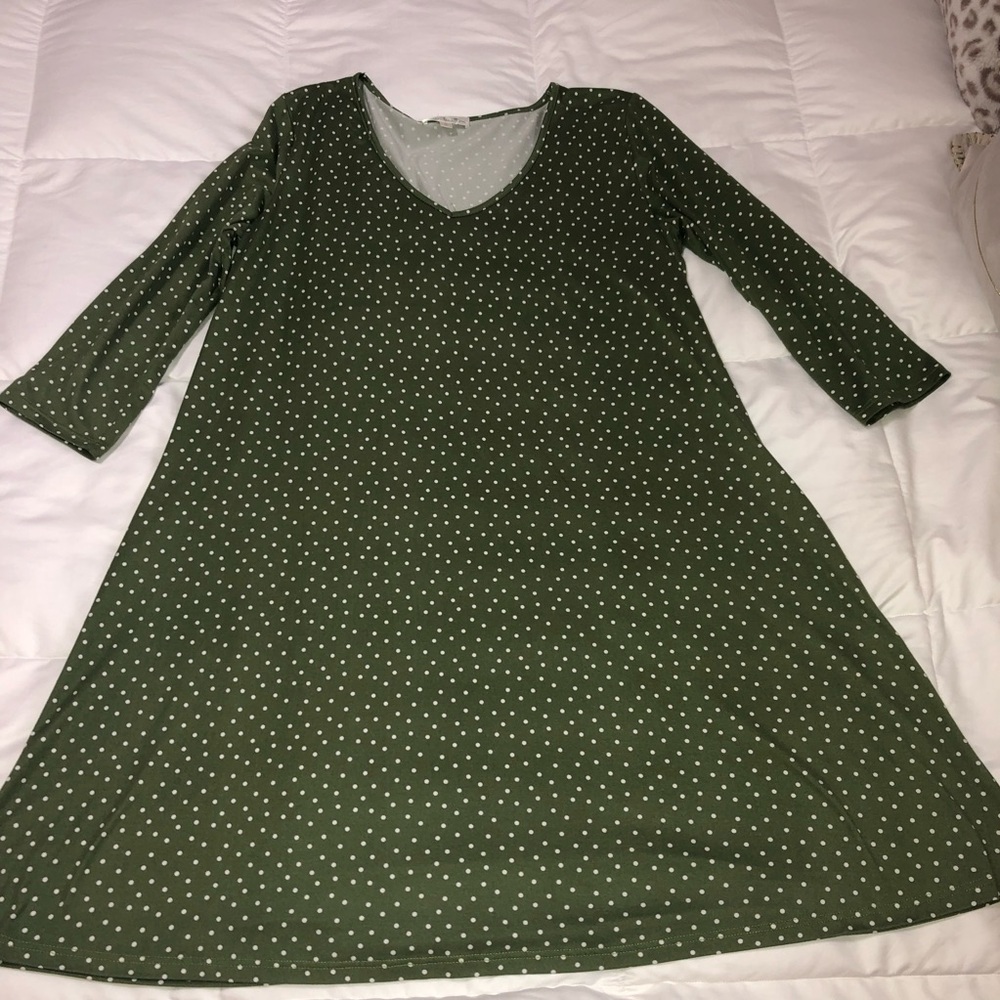nine britton Olive Green Polka Dot Long Sleeve A-Line Dress